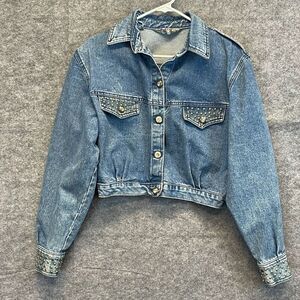 Vtg OPAL by Hot Property Jacket Womens Medium Blue Denim Gold Studded Cropped